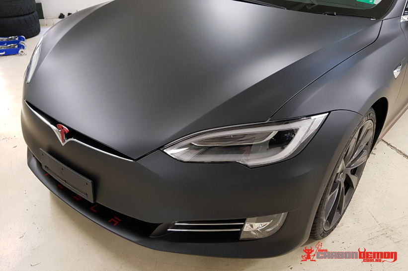Tesla Model S MATTE BLACK VINYL WRAP Carbon Demon